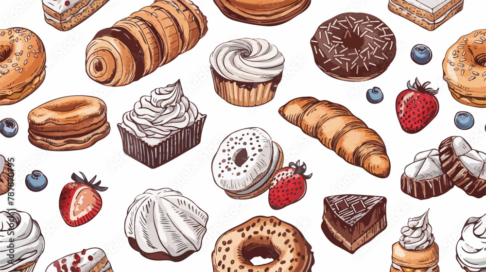 Hand drawn colored bakery and desserts. Vector seamle