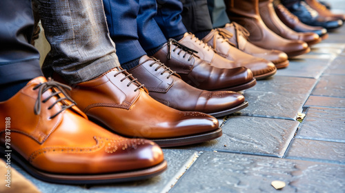 A row of mens business shoes neatly lined up on a sidewalk, creating a stylish and sophisticated display
