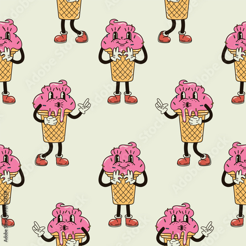A seamless pattern with a funny and cute ice cream character in a groovy style vector illustration
