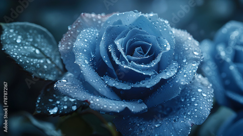 Close up of a beautiful blue rose with water drops on the petals, perfect for mother's day or valentine's day concepts.