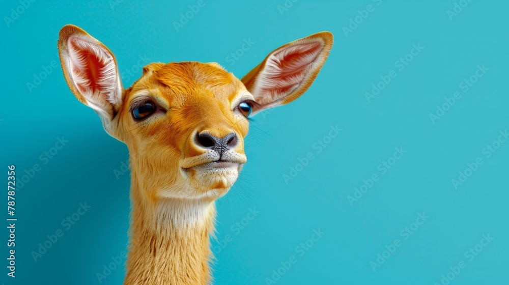 A tight shot of a deer's head against a blue backdrop, illuminated slightly by light emanating from its eyes A tight shot of a deer's head against a blue backdrop, illuminated slightly by light emanating from its eyes