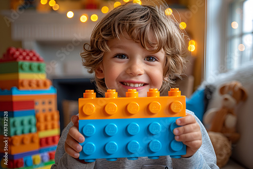 Un niño feliz sostiene en su mano un ladrillo Lego azul y naranja juguete photo