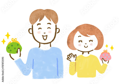 お金が入って喜ぶ男女の上半身手描きイラスト