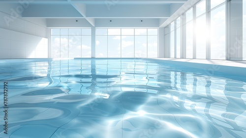   A large indoor swimming pool filled with blue water Sunlight streams in through windows alongside the pool photo