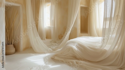  A room featuring sheer curtains, a bed with a white comforter, and a vase holding a plant