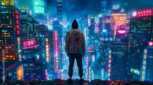 Man Overlooking Cityscape at Night  Silhouette Against Urban Skyline  Concept of Solitude and Ambition