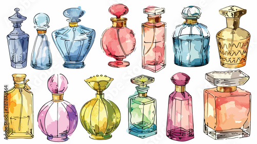 Hand drawn perfume bottles. Colored graphic vector se