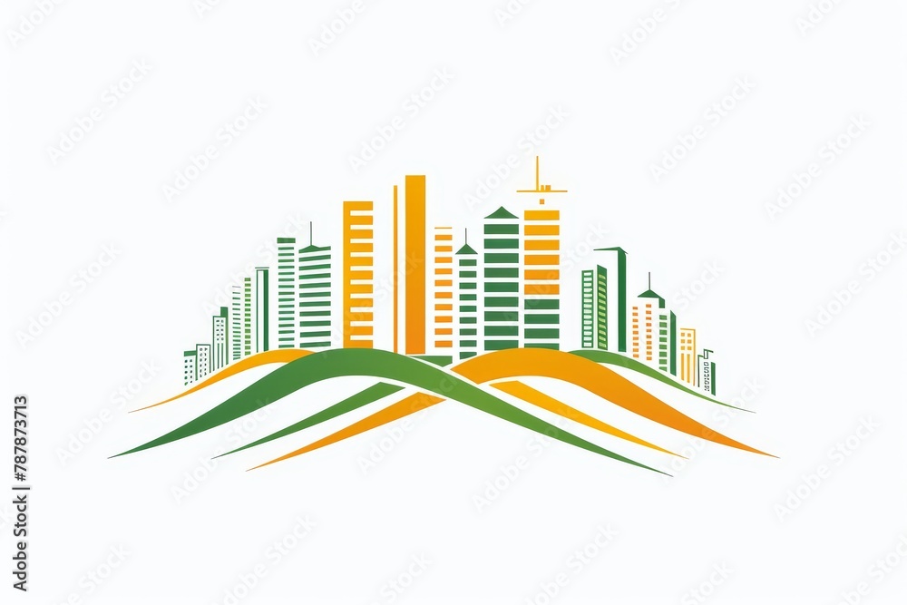 Vibrant green and orange modern cityscape design on a white background