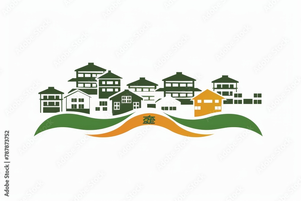 Stylized graphic of a serene village with green and orange hills under a white background