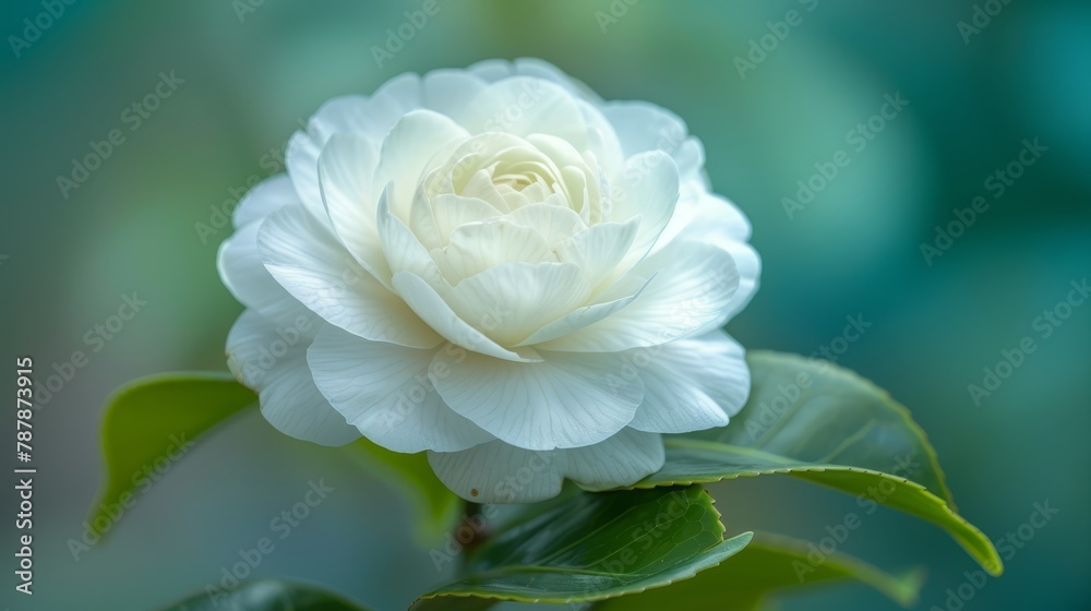   A white flower, closely framed on its stem, features green leaves in sharp focus Background softly blurred