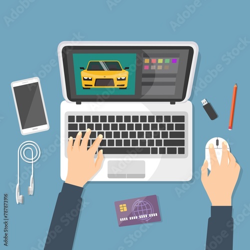 lavoro designer, persona seduta sul tavolo che lavora tramite laptop vendita colori auto macchina car - illustrazioni	

