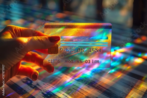 Close-up of a colorful holographic credit card held by a woman's hand photo