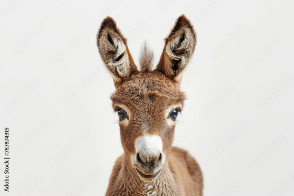 Close-up portrait of a young donkey with expressive eyes on a white background