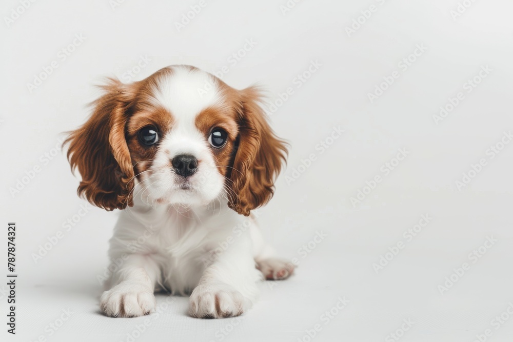 Adorable Cavalier King Charles Spaniel puppy on a white background, looking up with big dark eyes