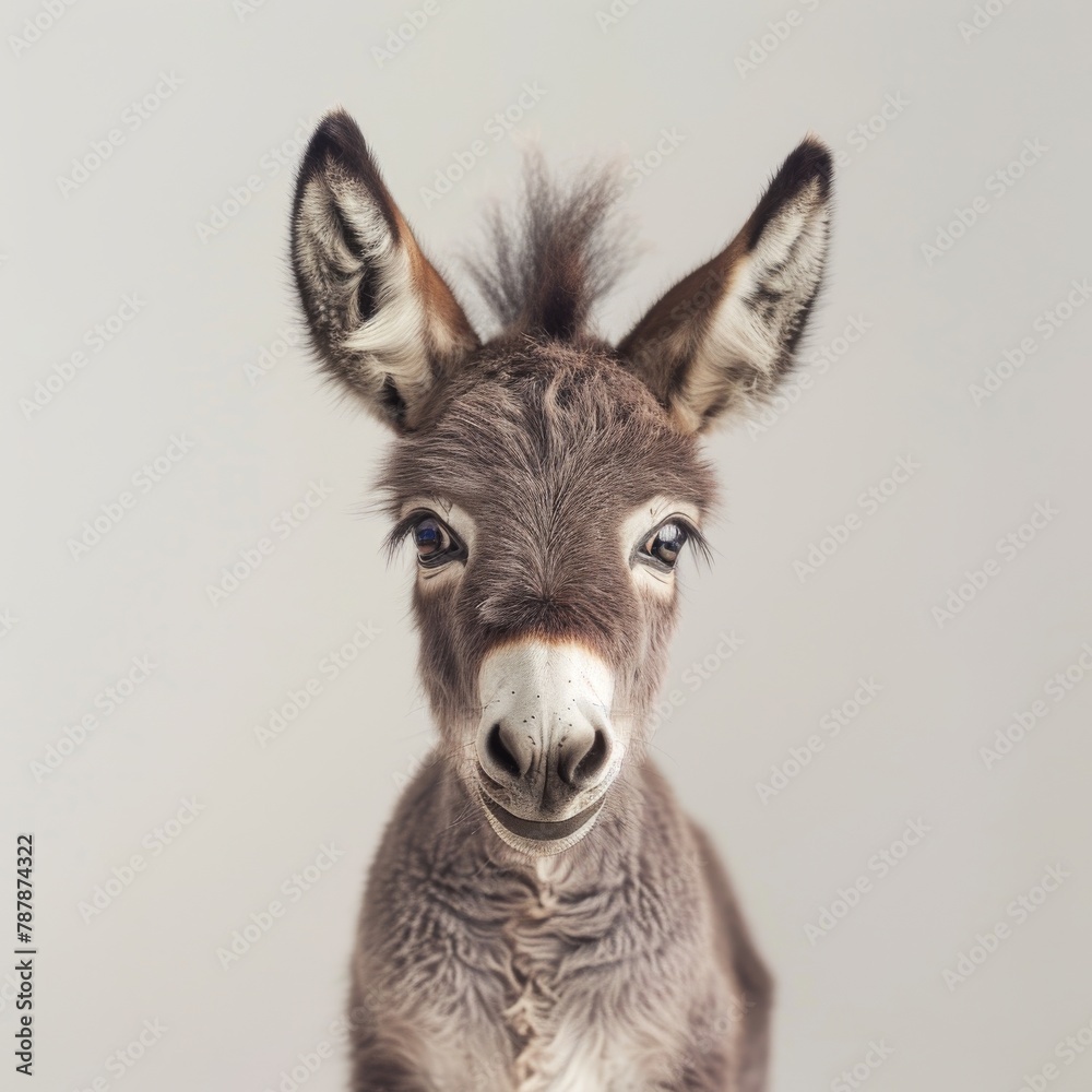 Charming portrait of a young donkey with expressive eyes and fluffy ears against a soft background