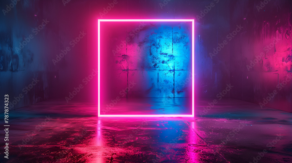 Vector 3d render square glowing in the dark pink-blue neon lights, generative Ai