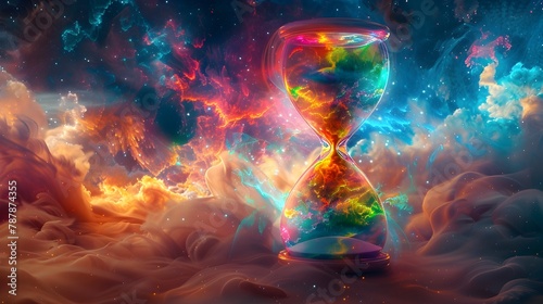 Surreal Celestial Hourglass in Dreamy Cosmic Backdrop with Vibrant Colors and Intricate Details