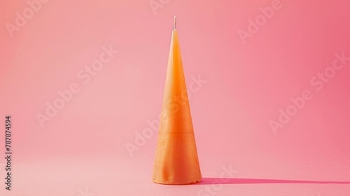   A tall orange cone atop a pink floor Nearby, a light pink wall holds a solitary candle, its wick protruding