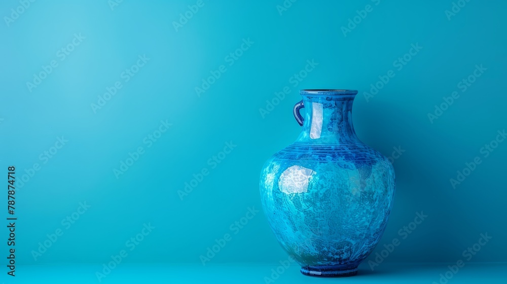   A blue vase atop a table, adjacent to a blue wall, with a light blue wall behind it