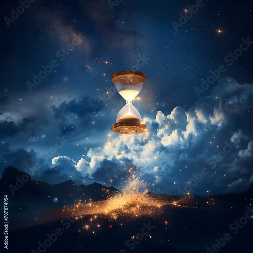 Floating Hourglass in Starry Celestial Landscape Representing Infinite Possibilities of the Universe