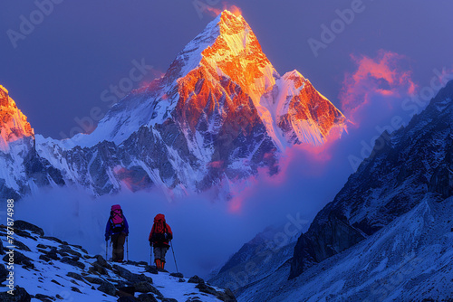 Evening view of Ama Dallam with tourist - way to mount Everest base camp.
