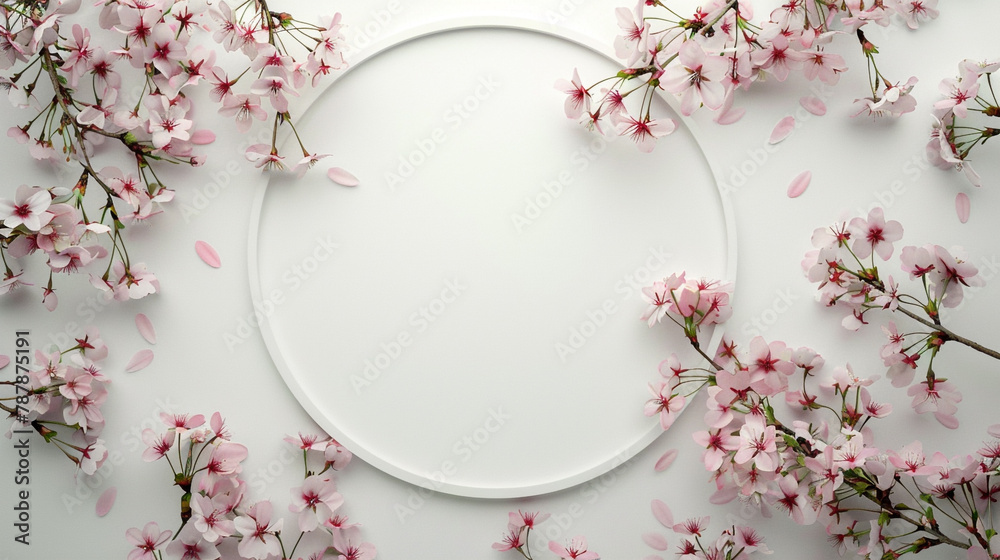  A dreamy composition featuring delicate cherry blossoms scattered around the edges of a circular frame empty inside,