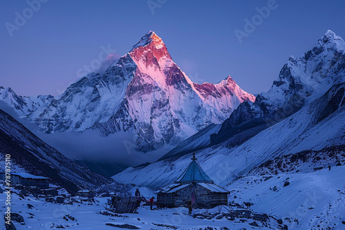 Evening view of Ama Dallam with tourist - way to mount Everest base camp.