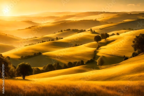 A panoramic view of rolling hills, covered in the golden glow of a summer afternoon.