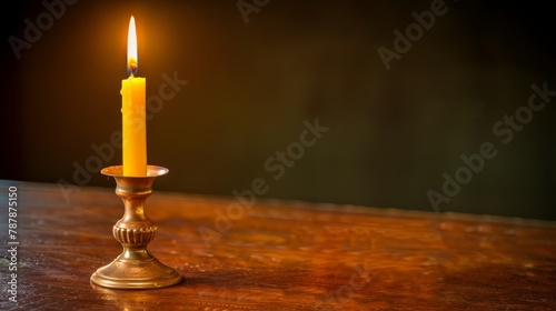  A solitary candle atop a weathered table, adjacent to a bottle and a glass of wine