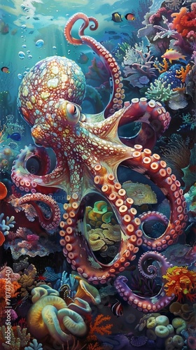 A playful octopus explores the coral reef.