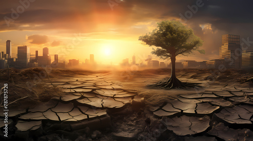 A tree grows on dry land photo