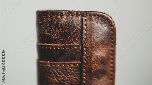   A tight shot of a brown leather case with stitching visible on its interior and exterior sides photo