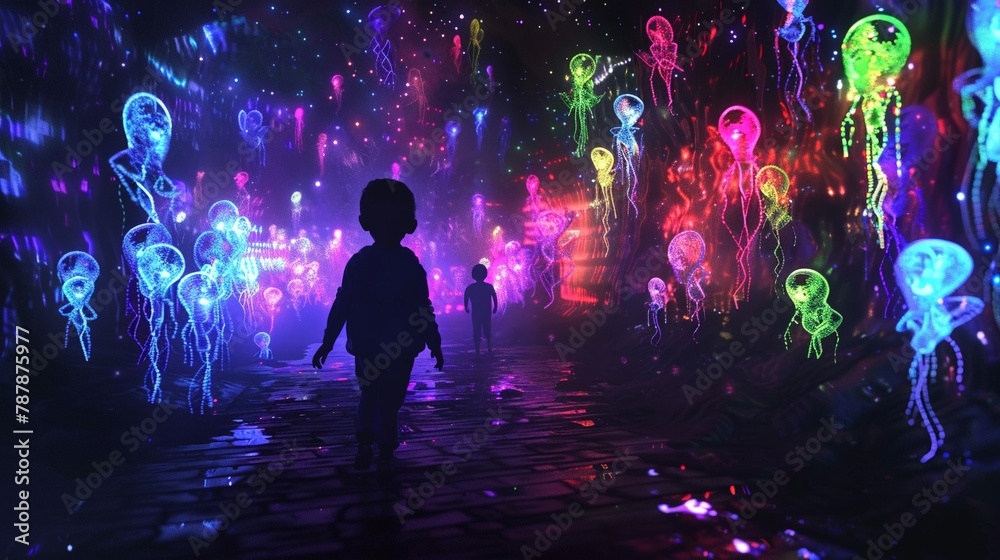 A child integrating into an otherworldly scene, where silhouettes of colorful beings float around, all set against a deep, black background, 