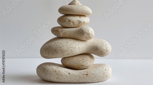   A pile of rocks arranged on a white surface before a backdrop of a pristine white wall