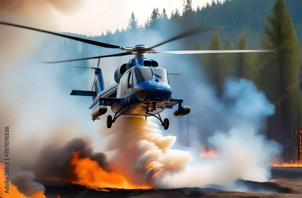 Fire in the forest. Fire extinguishing by helicopter