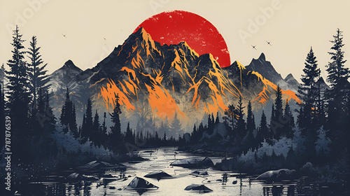 Vector graphics for t-shirt design bundle mountains and sun, generative Ai photo