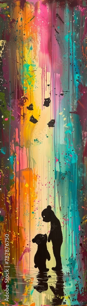 Fototapeta premium Two fat black and white panda cubs, playfully interacting with a thin man and woman, all silhouetted against a colorful background, creating a whimsical scene,