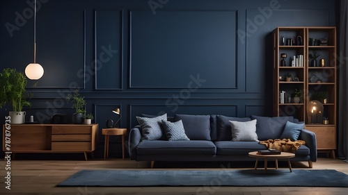 At night, a dark blue wall in the living room with the sofa and TV on a wooden cabinet