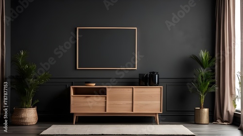 Interior mockup frame of a cabinet in a living room with a blank, dark wall backdrop