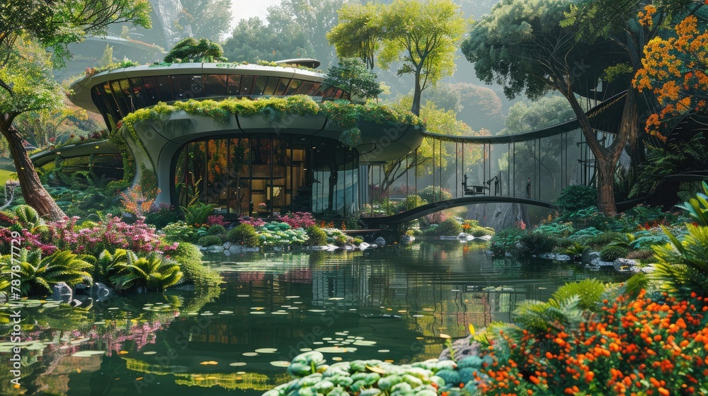 A futuristic home, it is very advanced in appearance, there is a lush green pond around it, and there are colorful flowers and gardens, there is also a futuristic swing bridge, a Future city images A futuristic home, it is very advanced in appearance, there is a lush green pond around it, and there are colorful flowers and gardens, there is also a futuristic swing bridge, a Future city images
