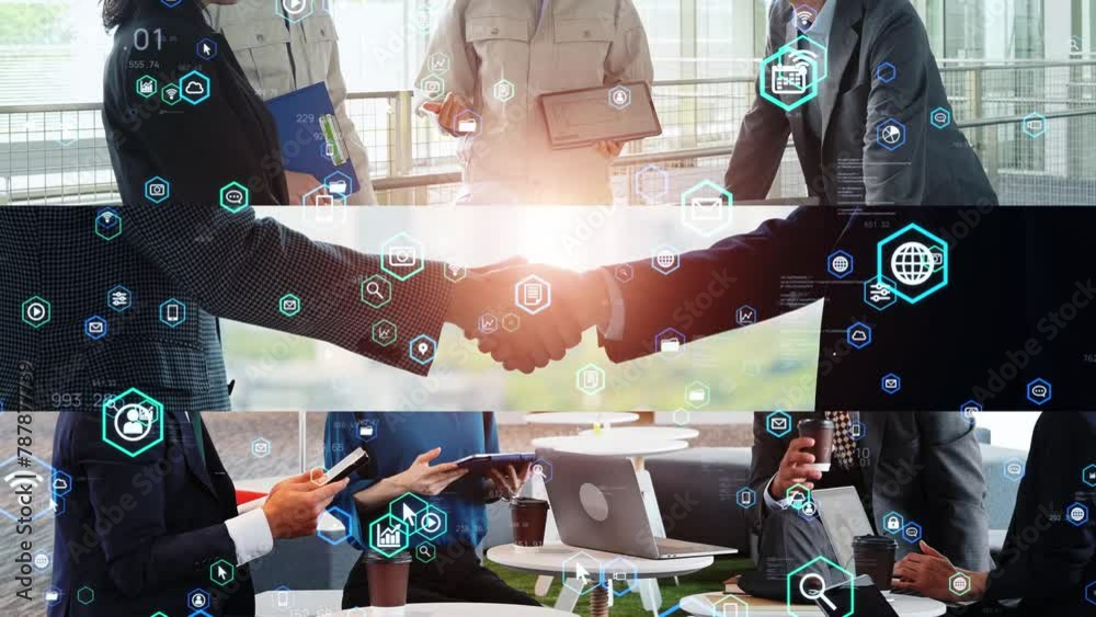 Collage of various business scenes and digital technology concept. Wipe transition from white background.