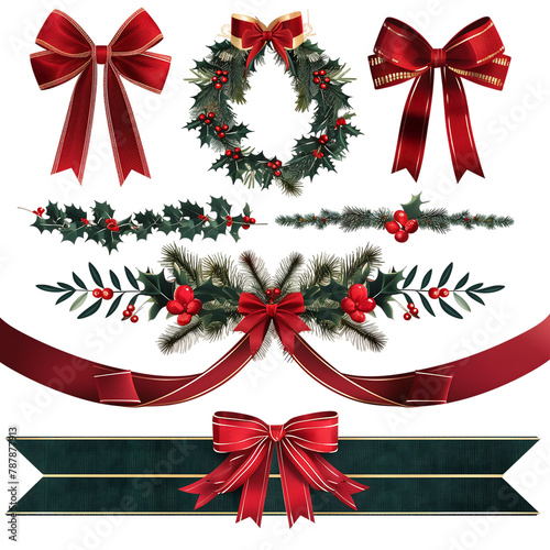 set of red bows with ribbons, christmas decorataion, isolataed on transparent background photo