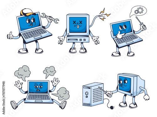 Computer service mascot. Laptop repair character, pc troubleshooting and IT technical support cartoon vector illustration set
