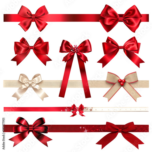 set of red bows with ribbons, christmas decorataion, isolataed on transparent background photo