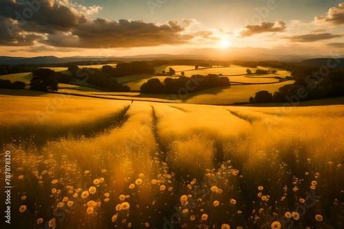 A vast meadow under the golden hues of a summer sunset, a panoramic embrace of nature's warmth. © Muhammad