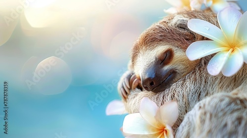   A tight shot of a sloth adorned with flowers circling its neck  surrounded by an indistinct backdrop