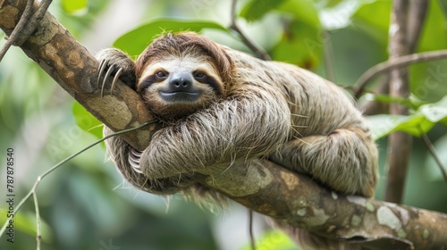   A sloth, brown and white, clings to a tree branch against a backdrop of lush green foliage photo