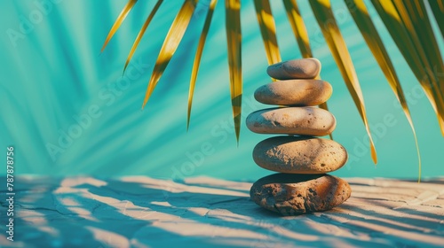  A stack of rocks atop a sandy beach, beside a palm tree against a blue backdrop