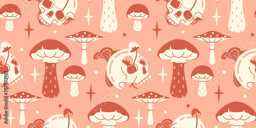 Crazy cool seamless wallpaper. Girly teen aesthetic, fun pink tone backdrop with fungi and skulls. © Vigurskaia Sofiya