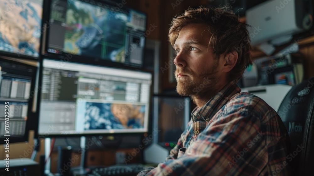 A man is sitting in front of a computer monitor with a beard and a plaid shirt A man is sitting in front of a computer monitor with a beard and a plaid shirt